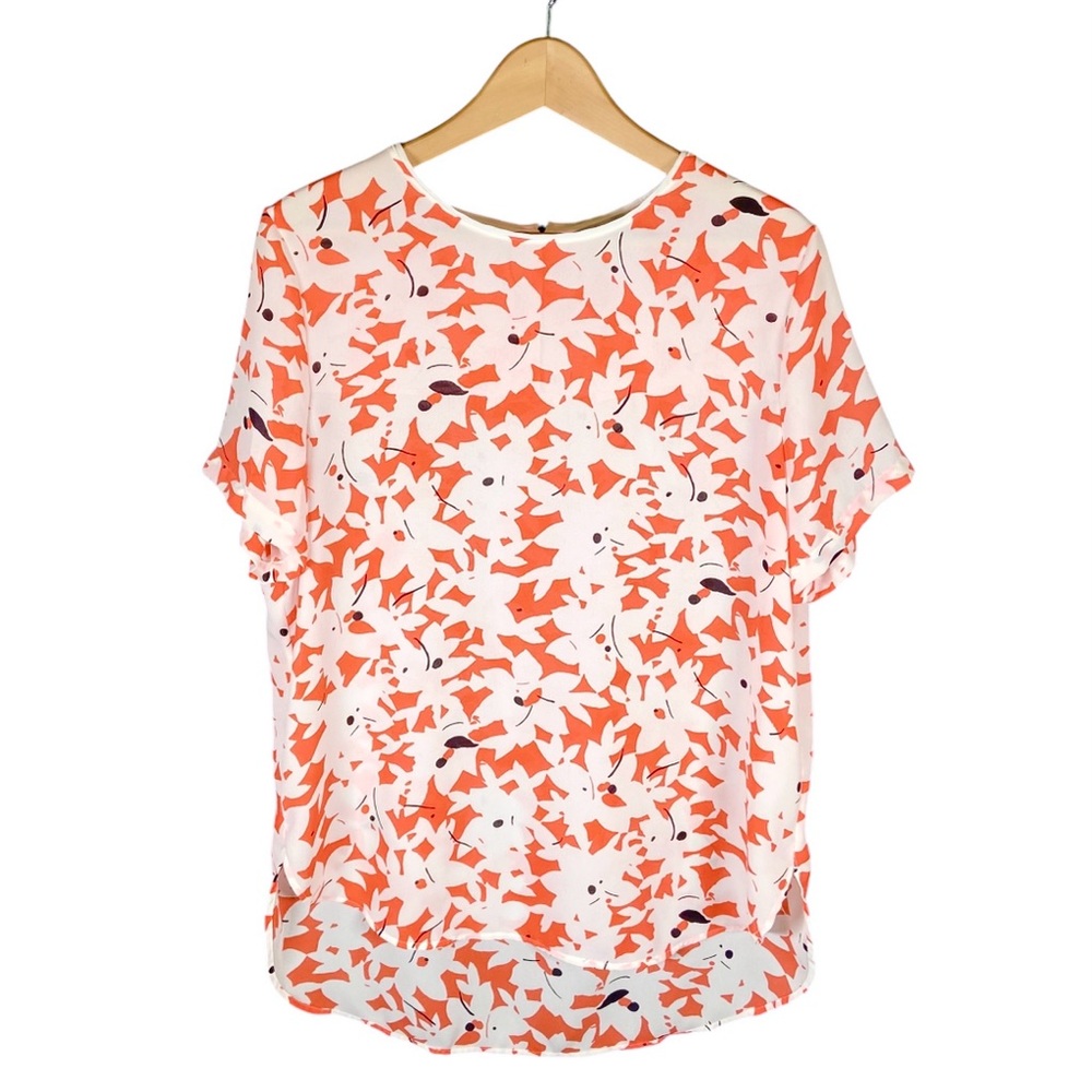 H&M Blouse Women’s Size 14 Short Sleeve White + Orange Floral Sheer Layering Top